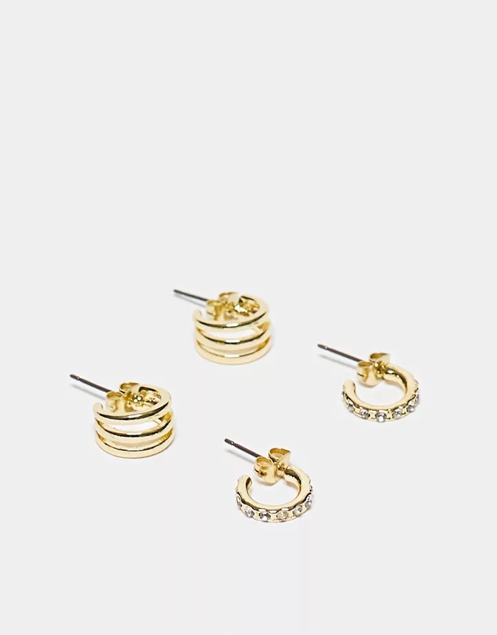 Pack de 2 pares de pendientes de aro pequeños dorados chapados en oro de 18 quilates exclusivos de Pieces Dorado BKLm67jC