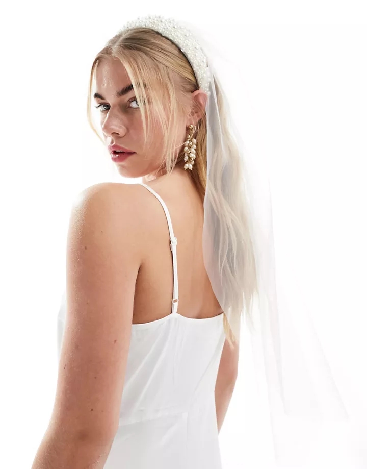 Diadema con velo de novia blanco con diseño de perlas d