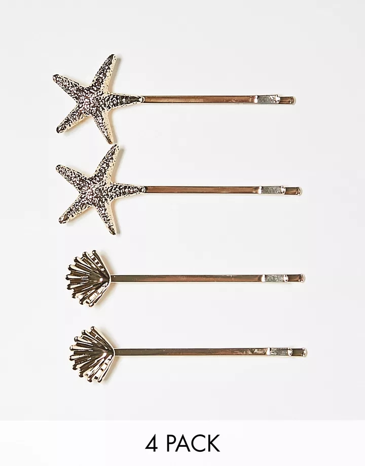 Pack de 4 horquillas doradas con diseño de conchas y estrellas de mar de Glamorous Dorado BYLex4W2