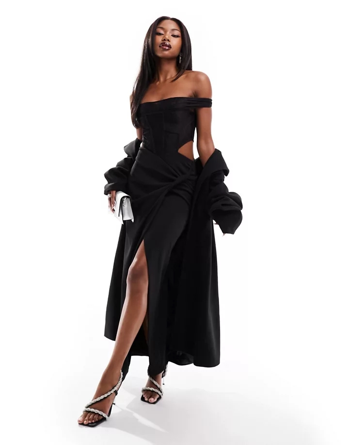 Vestido midi negro con detalle tipo corsé de encaje, escote Bardot y detalle retorcido en la falda de DESIGN Negro CQRPu1pM
