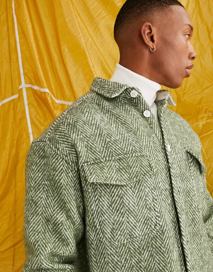 Sobrecamisa verde medio extragrande de estilo años 90 con patrón de espiguilla de mezcla de lana de DESIGN Verde medio Cewgdzvc