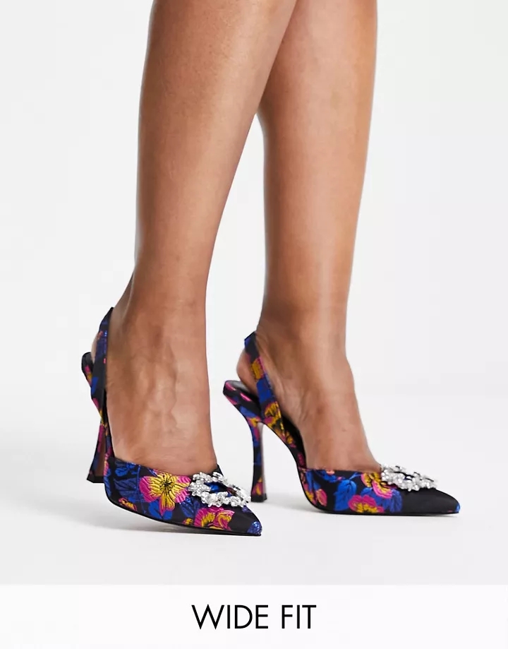 Zapatos multicolores de tacón alto con tira talonera y detalle adornado Poppy de DESIGN Wide Fit Jacquard DHh699md