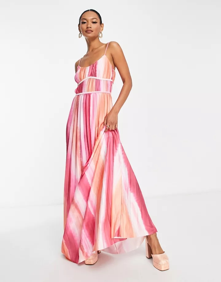 Vestido largo rosa plisado con efecto tie dye de satén de DESIGN Rosa teñido anudado DXAdNedq