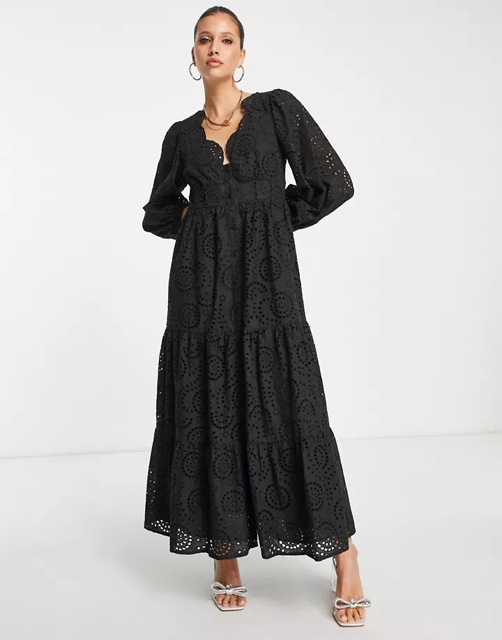 Vestido largo negro abotonado con detalle festoneado y bordado inglés de DESIGN Negro Dv8Klo39