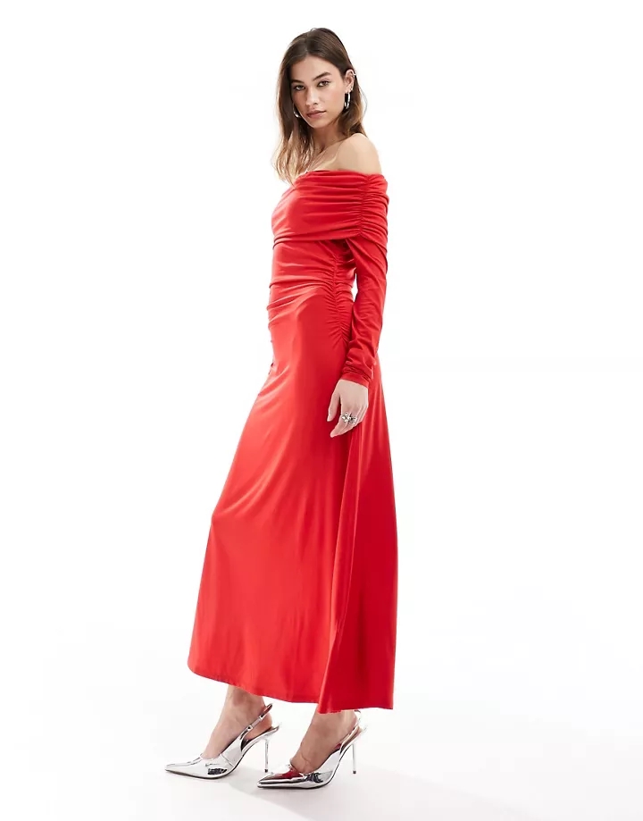 Vestido semilargo rojo de manga larga con escote Bardot de Monki Rojo DzJPP2yF