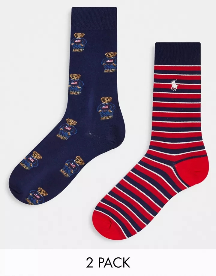 Pack de 2 pares de calcetines rojos a rayas y azul marino con estampado de osos de Polo Ralph Lauren MULTICOLOR E0yOZ84T