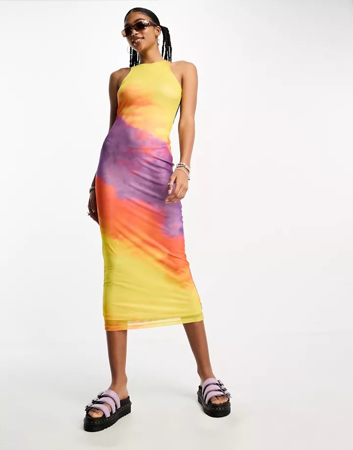 Vestido largo multicolor con efecto tie dye de malla de