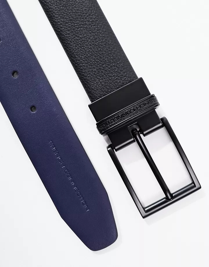 Cinturón negro y azul marino reversible de cuero con hebilla cuadrada de French Connection Negro EBK6xLNC