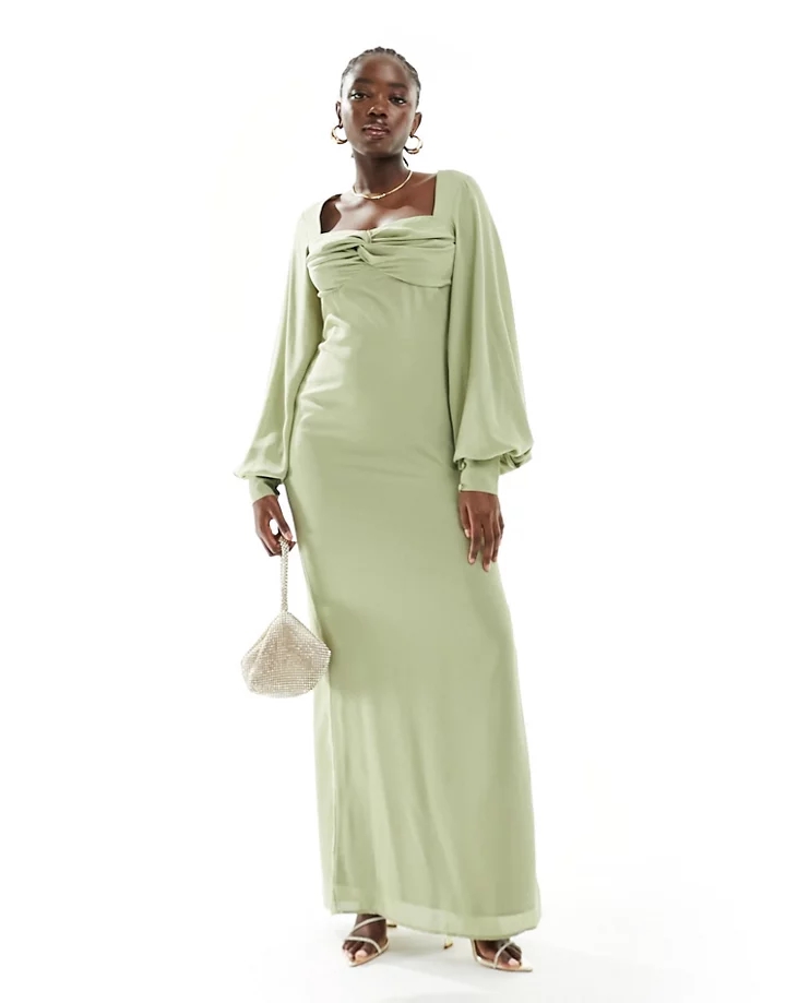 Vestido de dama de honor largo verde oliva con mangas g