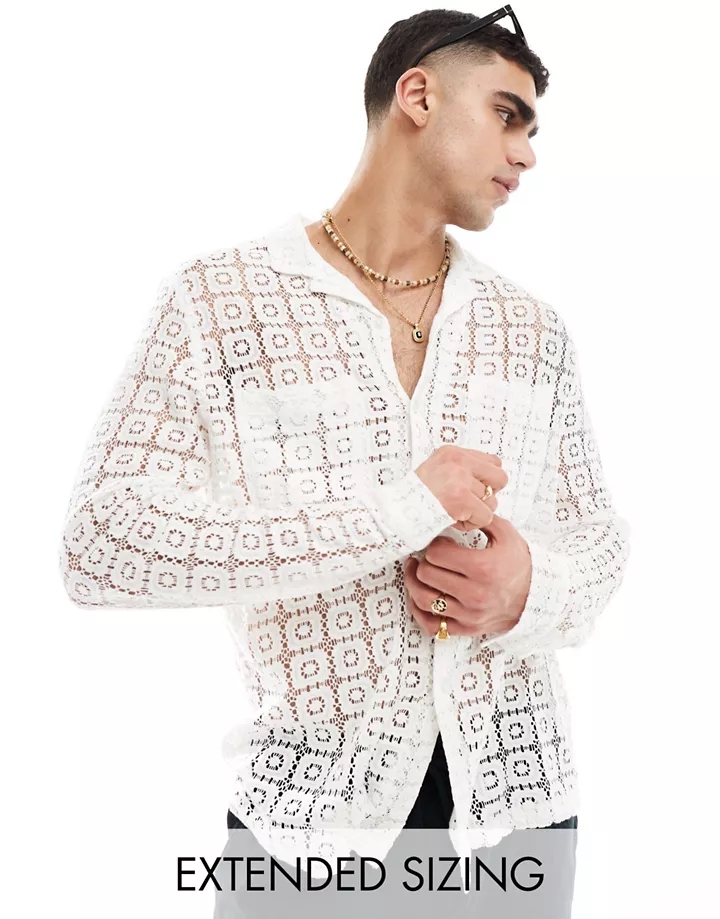 Camisa blanca holgada con cuello de solapas y patrón de mosaico de encaje de DESIGN Blanco EhuXbPeD