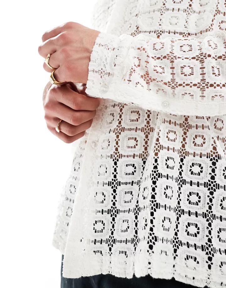 Camisa blanca holgada con cuello de solapas y patrón de mosaico de encaje de DESIGN Blanco EhuXbPeD