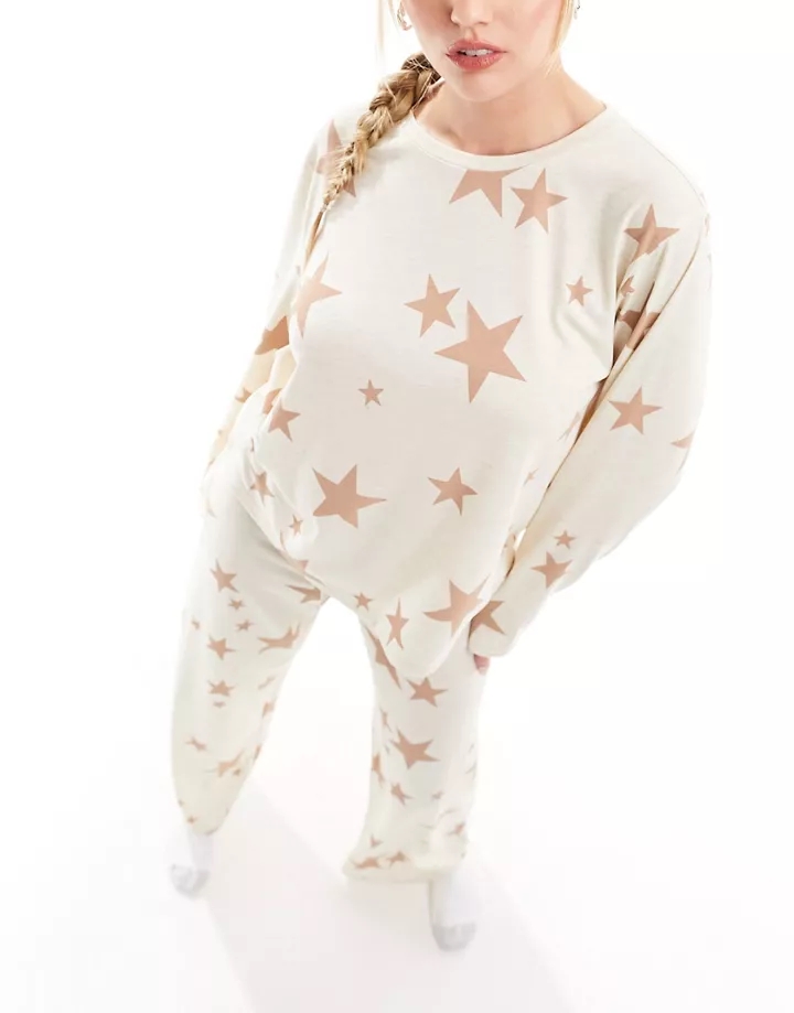 Pijama color crema de top de manga larga y pantalones con patrón de estrellas de viscosa de DESIGN Crema Enh4jAAm