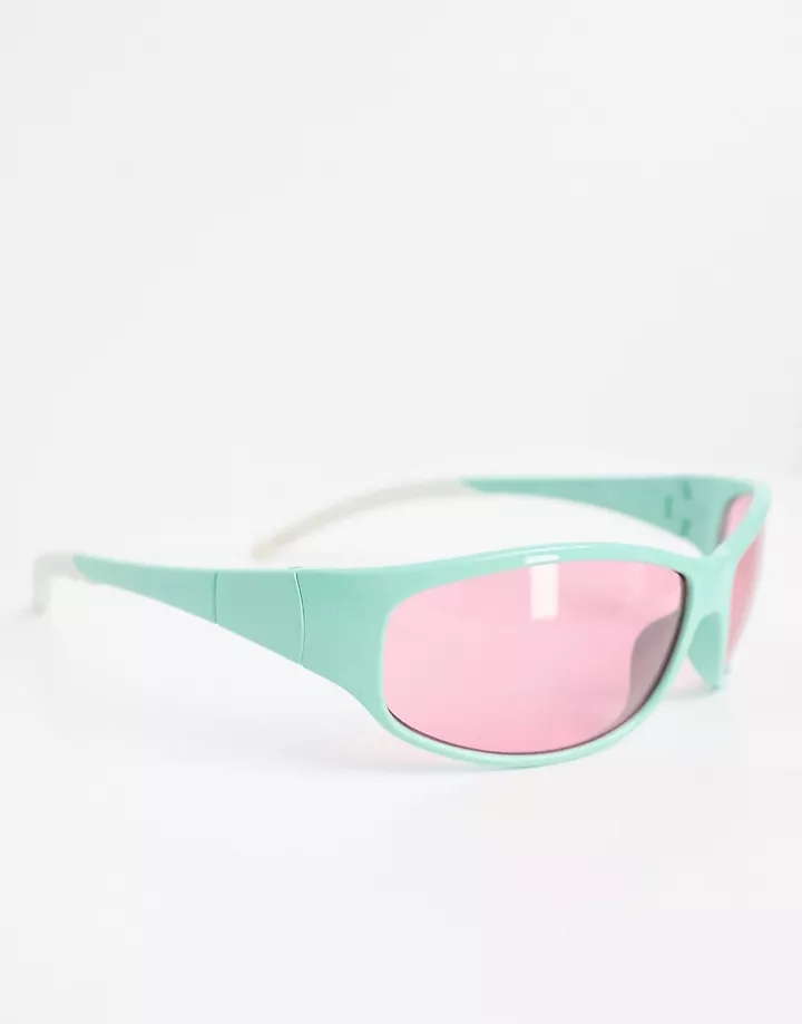 Gafas de sol con montura verde claro estilo visera envolvente y lentes rosas de Basic Pleasure Mode Verde Evs7R3D5