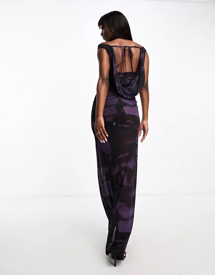 Vestido largo morado con estampado de serpiente, escote Bardot y espalda desbocada de tejido transparente de DESIGN Serpiente violeta FH3hvlMl