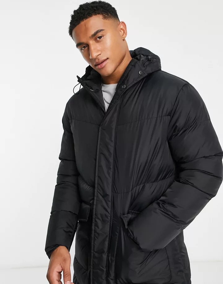 Abrigo muy largo negro acolchado con capucha de French Connection Negro Fa4OLvSG