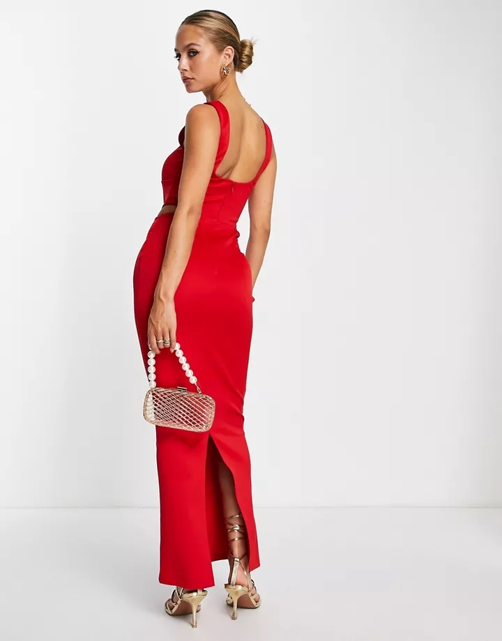 Vestido largo rojo con diseño tipo corsé, talle bajo y abertura de DESIGN Rojo G0Catxvv