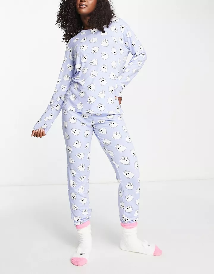 Set lila de pijama largo y calcetines suaves con estampado de perros pomerania blancos de Chelsea Peers Lila/blanco G4agCJRS