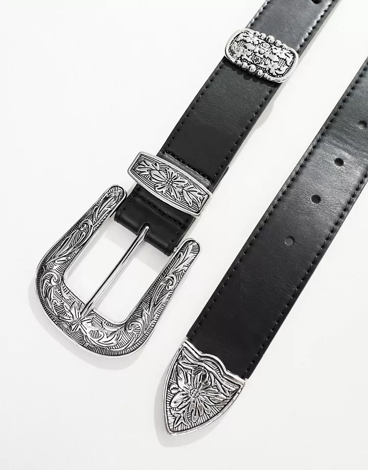 Cinturón negro de estilo wéstern de cuero sintético con detalles trenzados y herrajes plateados de DESIGN Negro GFAyBGlP