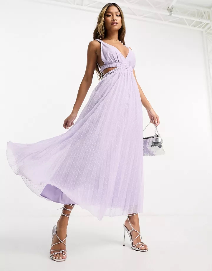 Vestido midi lila escotado con pliegues y tirantes y parte trasera elástica de DESIGN Lila GWC09f92