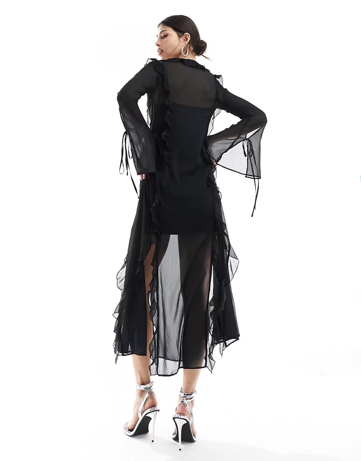 Vestido largo negro con detalle de volantes de chifón de Miss Selfridge Negro HCJjpO68