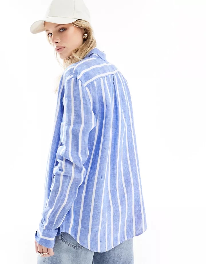 Camisa azul a rayas blancas con logo de lino de Polo Ralph Lauren Blanco HiuY3vqV