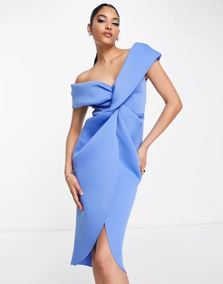 Vestido midi azul con escote Bardot y detalle retorcido
