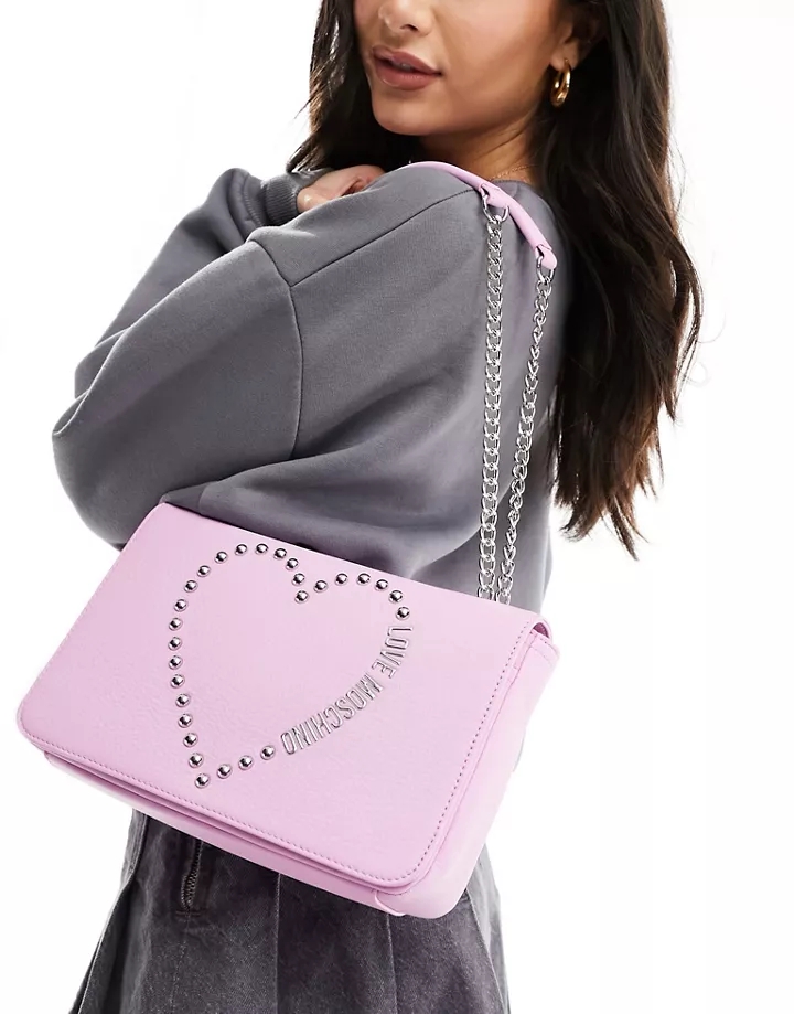 Bolso de hombro rosa con logo de corazón de Love Moschi