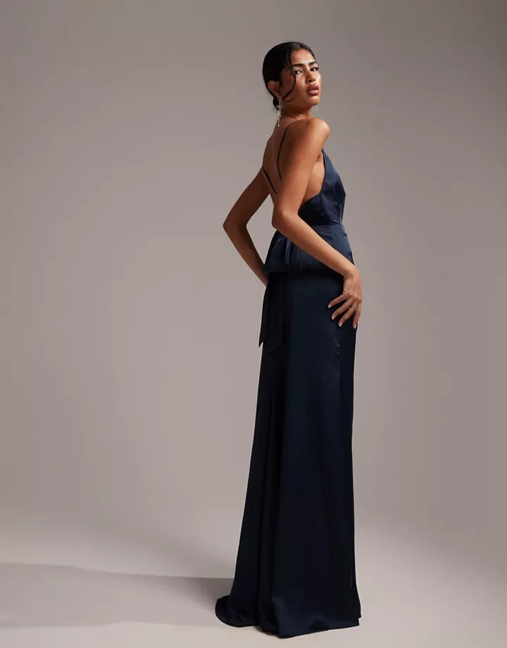 Vestido de dama de honor largo azul petróleo con abertura lateral y escote cuadrado de satén de DESIGN Azul petróleo dRUkibFg