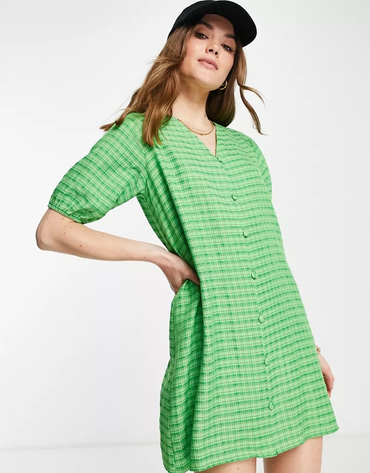 Vestido verde a cuadros abotonado de corte amplio extragrande de Lola May Verde dm1DjBbQ