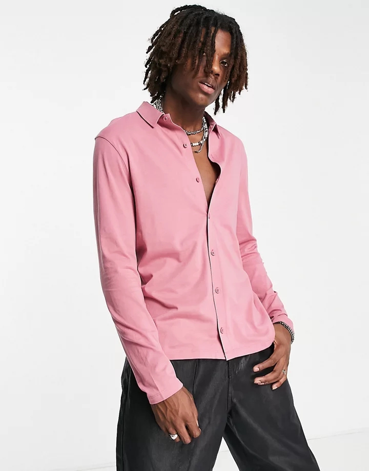 Camisa rosa abotonada de manga larga de punto de DESIGN