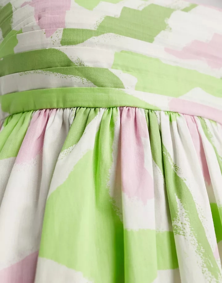 Vestido veraniego corto verde estilo babydoll con pecho plisado y estampado abstracto de algodón de DESIGN Verde abstracto e1SGruUK