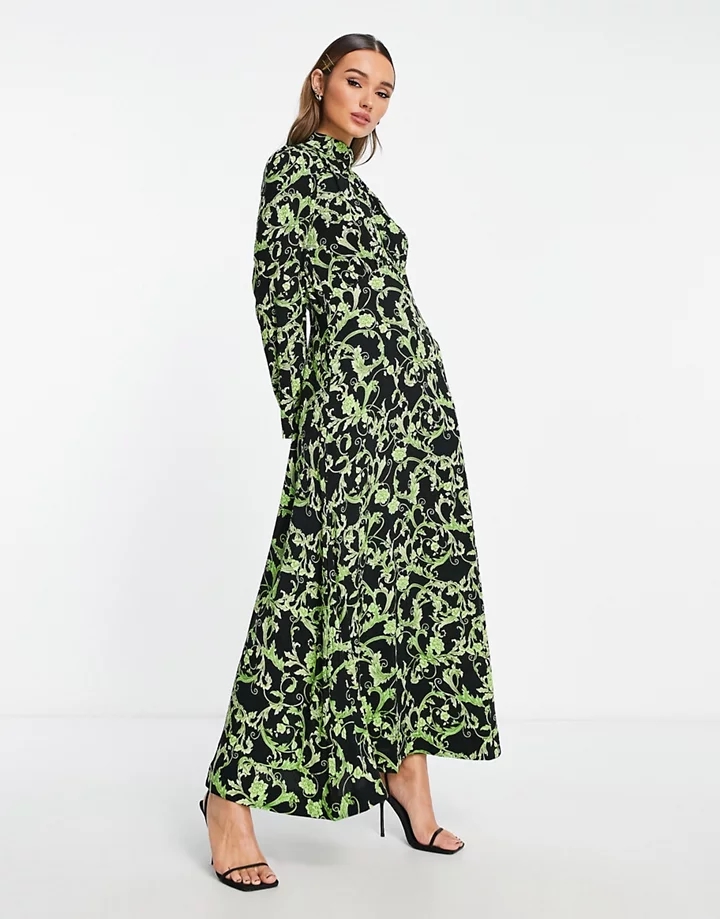 Vestido largo verde con estampado floral y cuello alto de Y.A.S Verde floral e3ihOpu0