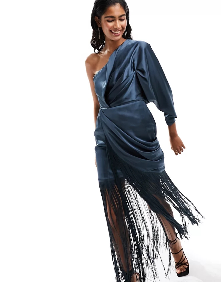 Vestido largo azul asimétrico fruncido con detalle de flecos de satén de DESIGN Azul oscuro eOBwuE4B