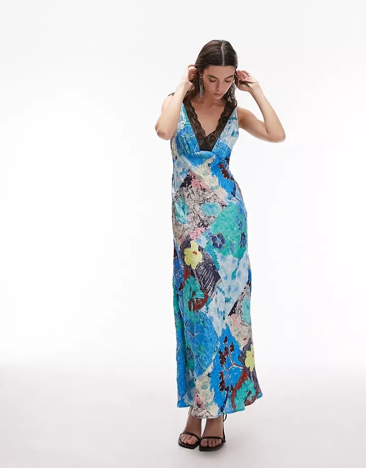 Vestido lencero midi con estampado abstracto e inserto de encaje de Topshop Multicolor eVUyYmoJ