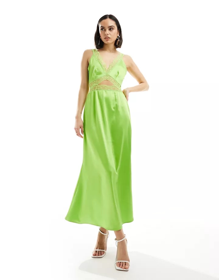 Vestido semilargo verde lima con inserto de encaje de N