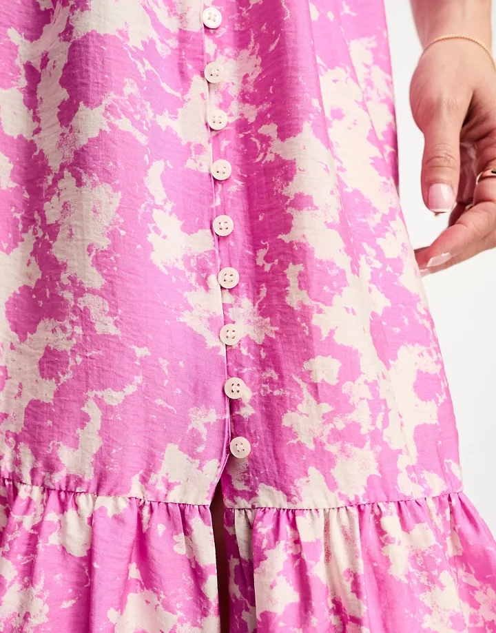 Vestido largo rosa escalonado con estampado marmolado y mangas abullonadas de & Other Stories Rosa ekgBfHs1