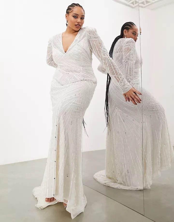 Vestido de novia largo color marfil de manga larga con diseño de cuentas y lentejuelas de estilo vintage Millie de DESIGN Curve Marfil fH2RWRWq