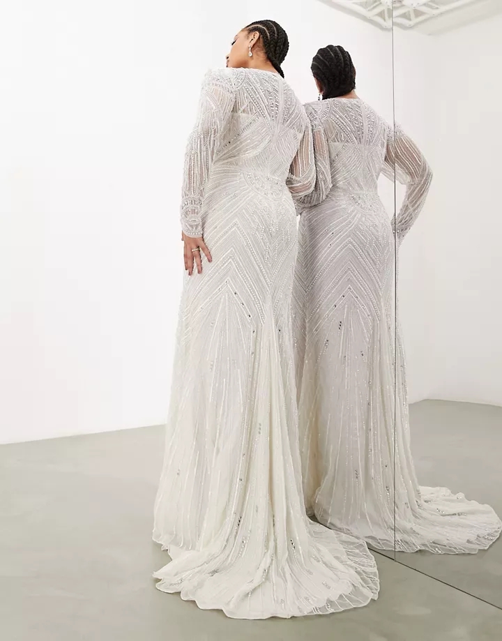 Vestido de novia largo color marfil de manga larga con diseño de cuentas y lentejuelas de estilo vintage Millie de DESIGN Curve Marfil fH2RWRWq