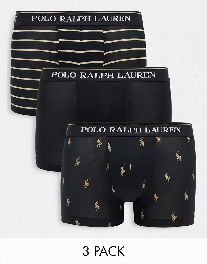 Pack de 3 calzoncillos de color negro y tostado con estampado integral de caballos y rayas exclusivo de Polo Ralph Lauren Negro fKHgk7hm
