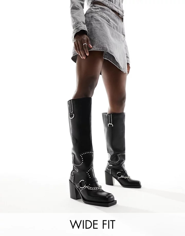 Botas negras por la rodilla con detalles de metal Nashville de Public Desire Wide Fit Poliuretano negro fa4UQ0MV