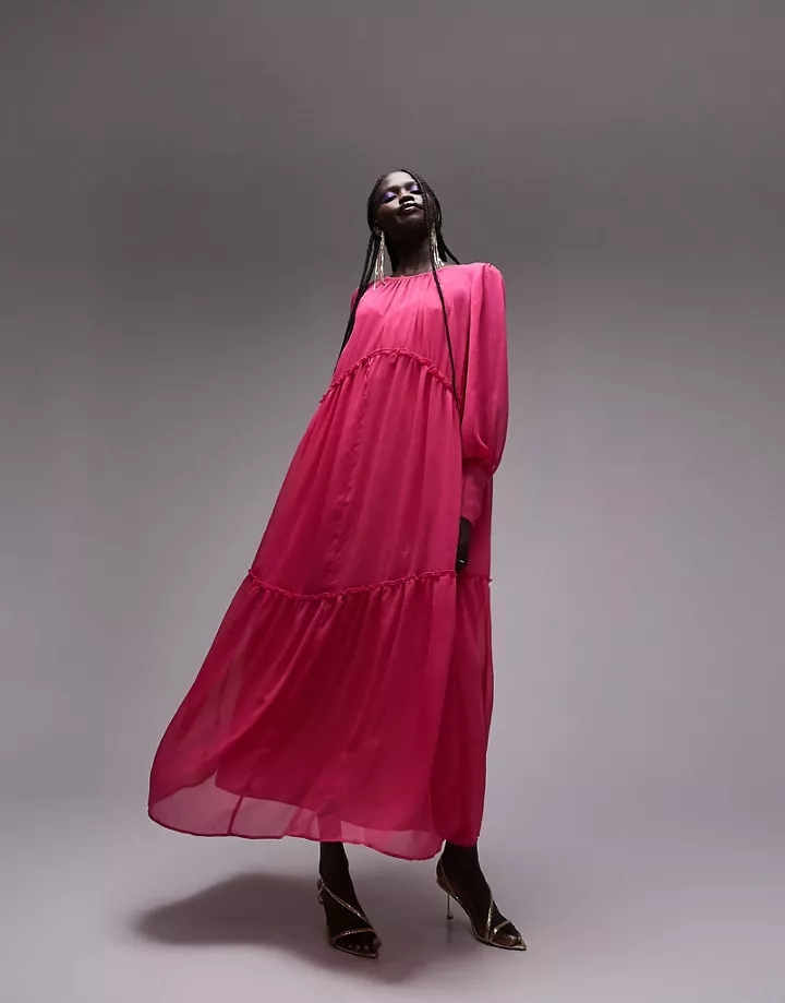 Vestido largo rosa luminoso cómodo y escalonado premium de Topshop Rosa gdxS6N17