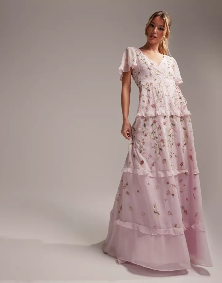 Vestido de dama de honor largo rosa claro cruzado con mangas fluidas, abalorios y bordados de DESIGN Rosa claro gizPNhQg