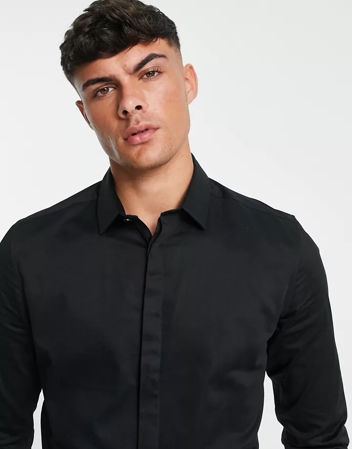 Camisa negra de corte slim de satén premium de DESIGN Negro gttuPFNh