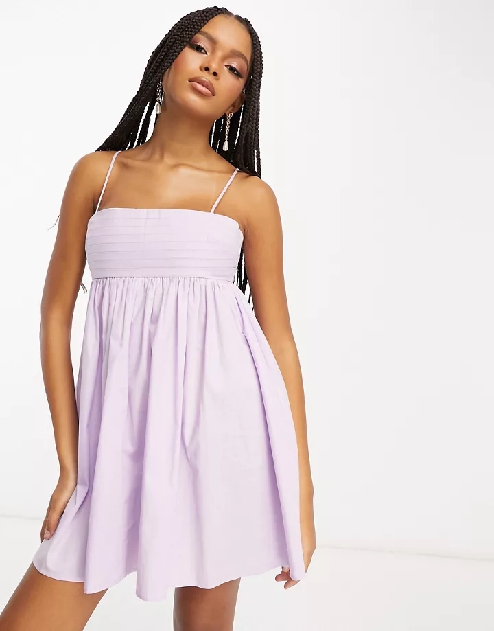 Vestido veraniego corto lila de corte babydoll con pecho plisado de algodón de DESIGN Lila gwBEAr0J
