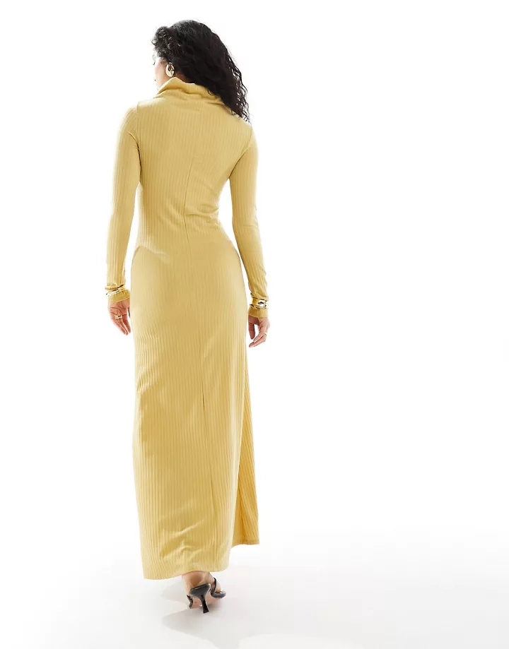 Vestido largo amarillo de manga larga con cuello asimétrico y fruncido de canalé de DESIGN Ocre gwQHKVdZ